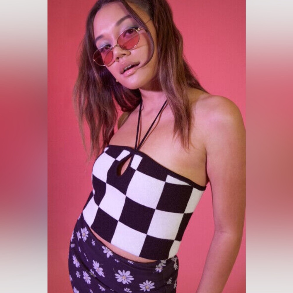 Checkered Sweater-Knit Halter Top